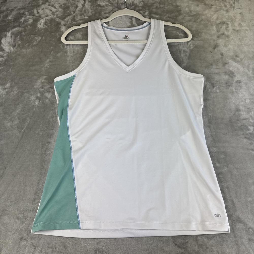 Alo‎ Yoga CoolFit Tank Top Women's Large White Aqua V-neck Racerback Gym (1284)